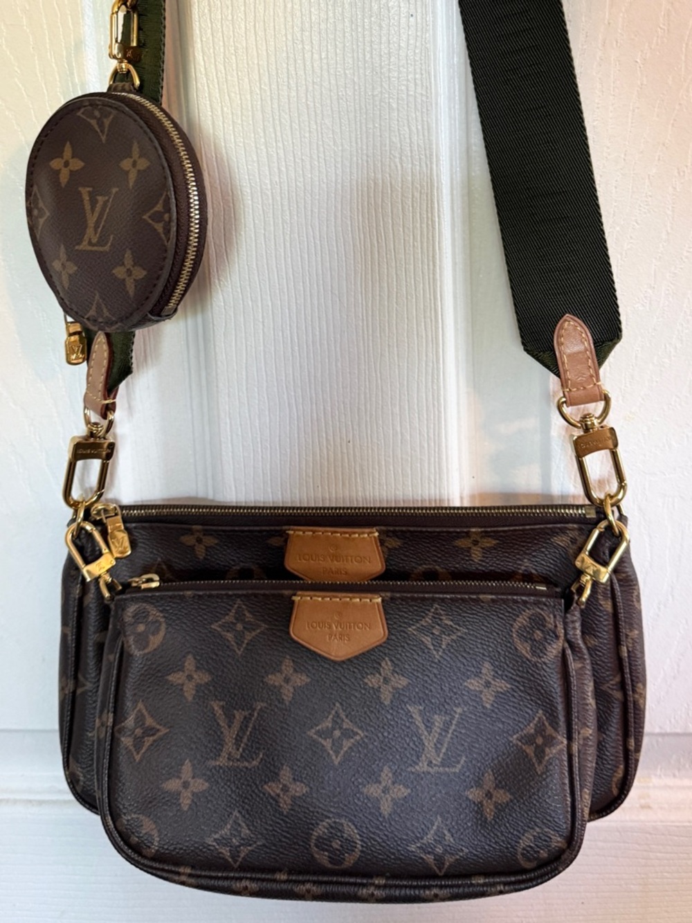 Louis Vuitton Brown Monogram Multi Pochette Crossbody with Green Strap